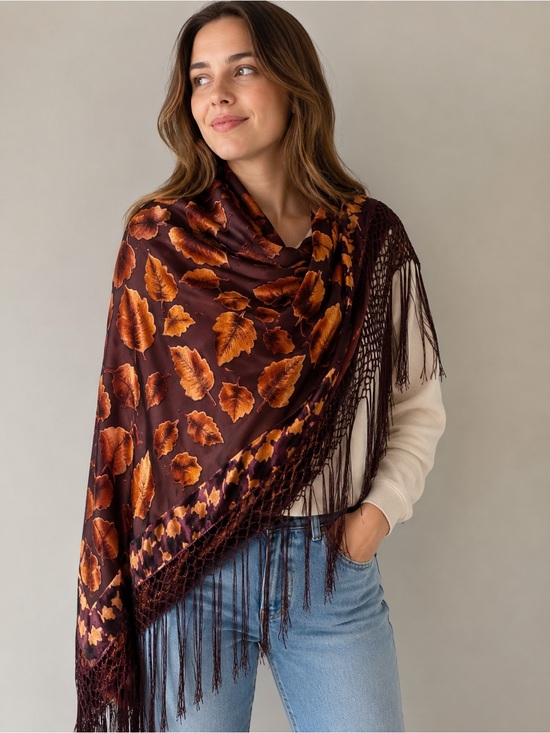 Accessories - Brown & Orange Leaf-Print Fringe Scarf/Wrap
